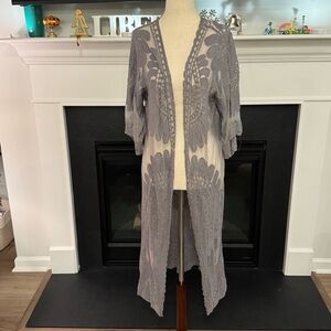Rebellion Again Gray Textured Mesh Embroidered Duster Kimono (Size S)